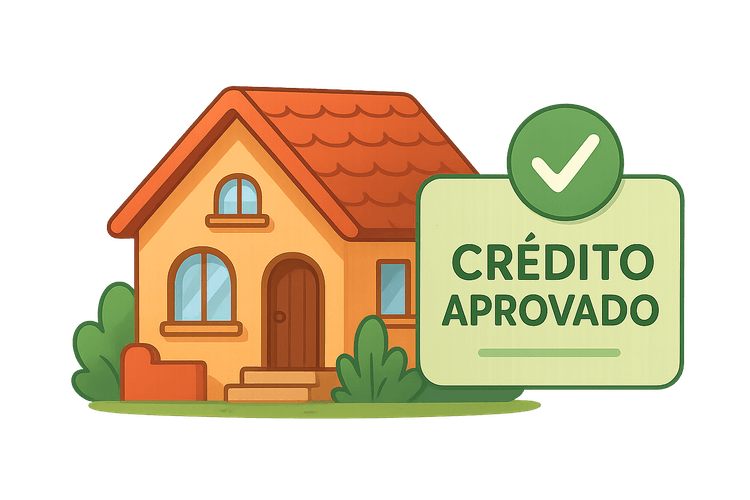 Ilustração de uma casa acolhedora com um símbolo de crédito aprovado, destacando financiamento seguro e facilitado pela Caixa.
